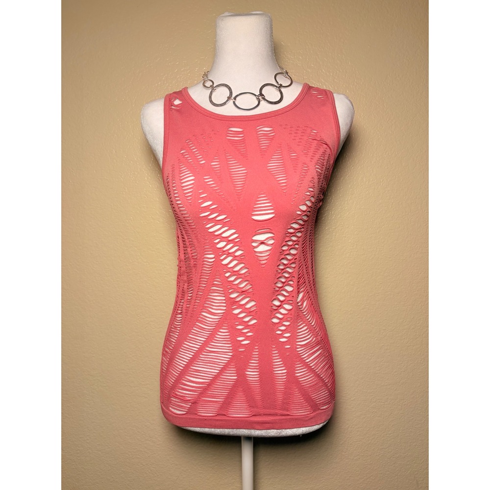Y2K Scene 90 Degree Womens Coral Pink Laser Cut Distressed Tank Top Size M #9